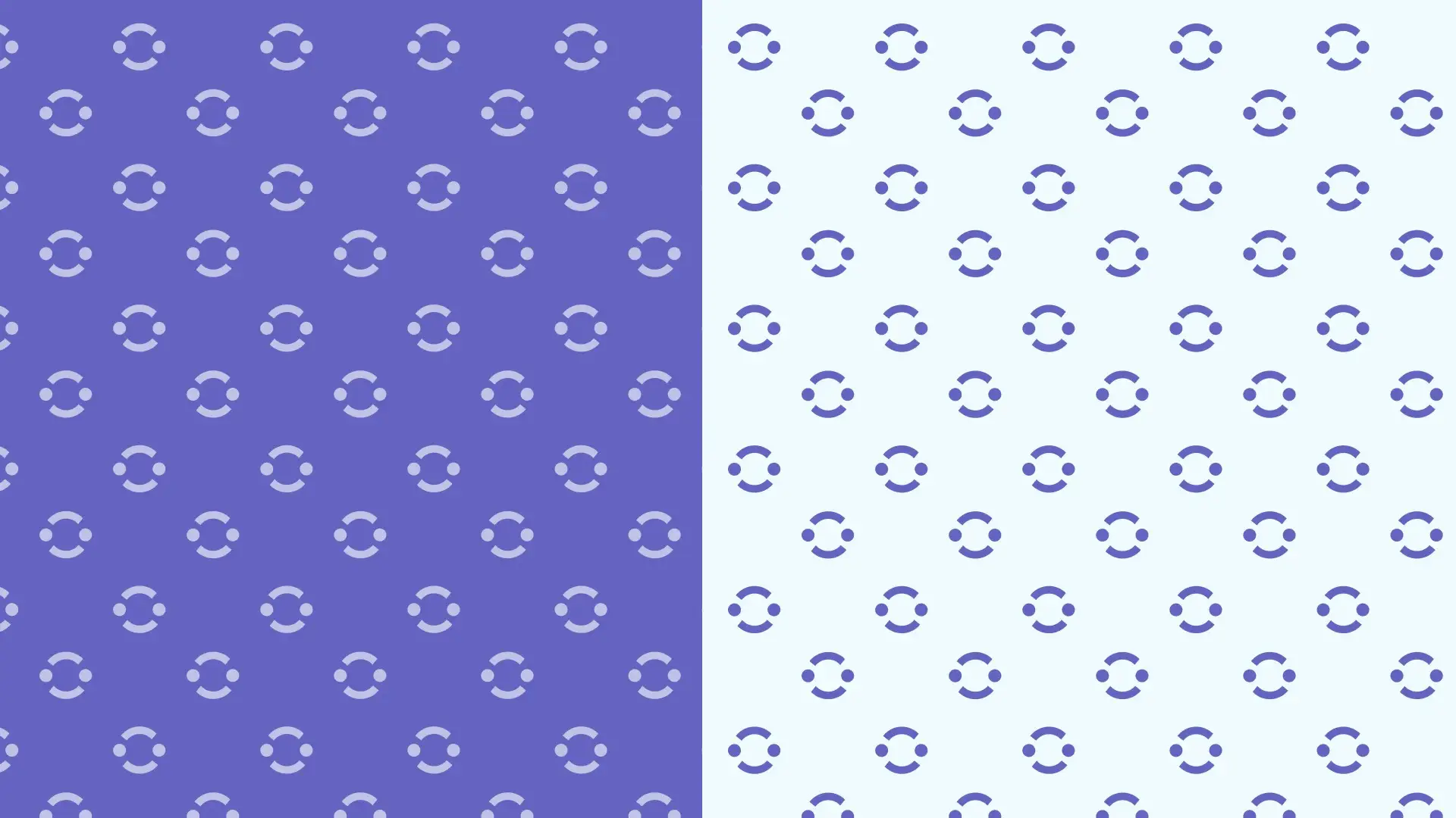 Muestra de patrones corporativos de Collabs mostrando una trama repetitiva del isotipo circular sobre fondo morado a la izquierda y sobre fondo blanco a la derecha