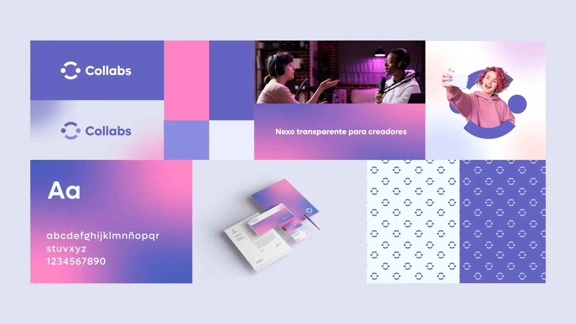 Tablero de identidad visual de la marca 'Collabs' reuniendo logotipos, fotografía de podcasters con el eslogan 'Nexo transparente para creadores', imagen de una mujer tomándose una selfie, muestra tipográfica, papelería corporativa y patrones de diseño en 