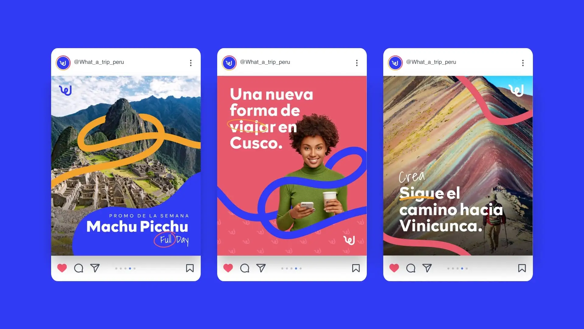 Mockup de tres publicaciones de redes sociales para la marca What a Trip Peru promocionando destinos turísticos en Cusco como Machu Picchu y Vinicunca con un estilo visual vibrante y trazos lineales de colores