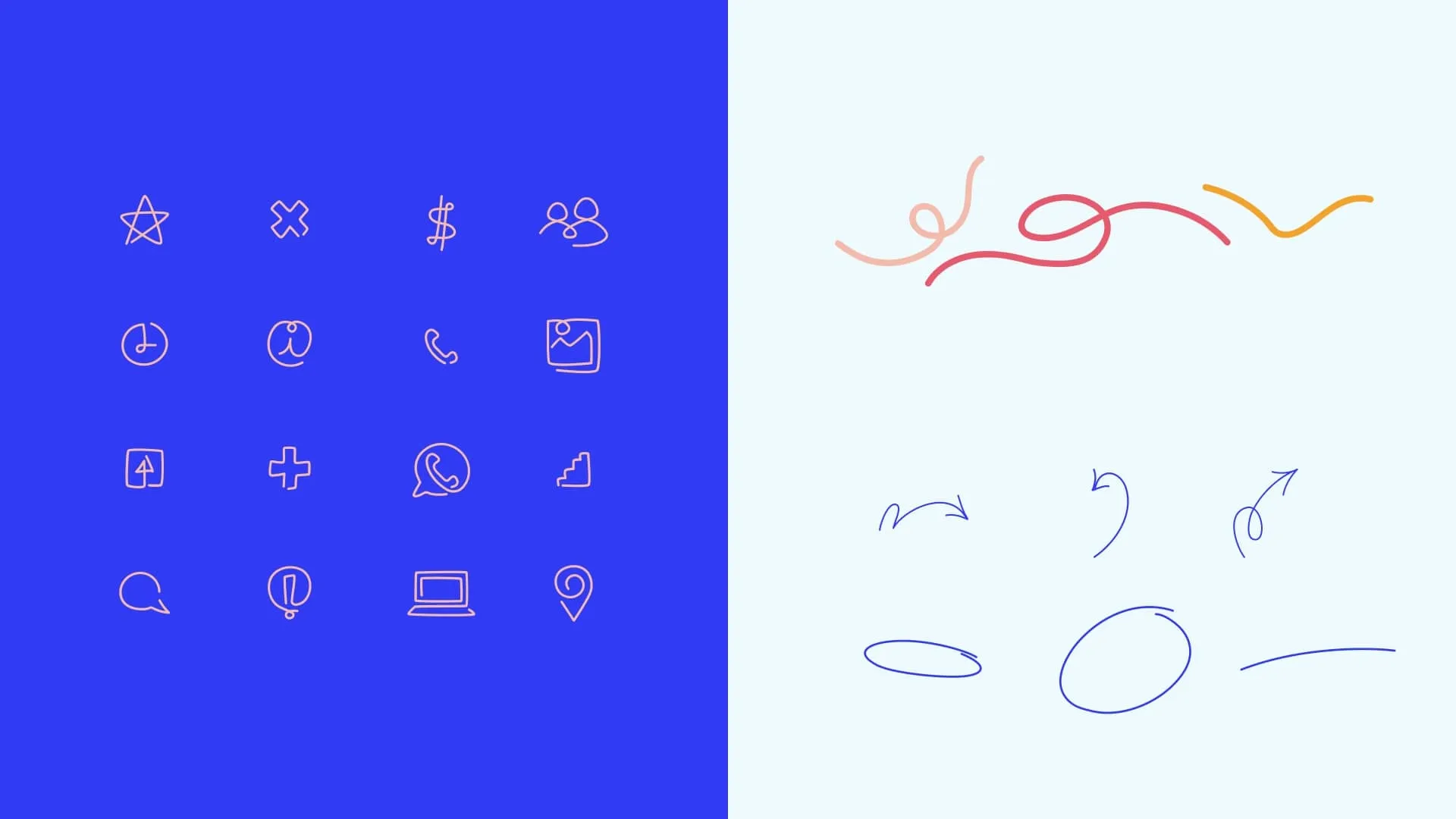 Colección de elementos gráficos estilo doodle dividida en dos partes: a la izquierda sobre fondo azul eléctrico, una cuadrícula de íconos lineales en rosa pálido que incluye estrellas, dispositivos y símbolos de interfaz; a la derecha sobre fondo claro, tr