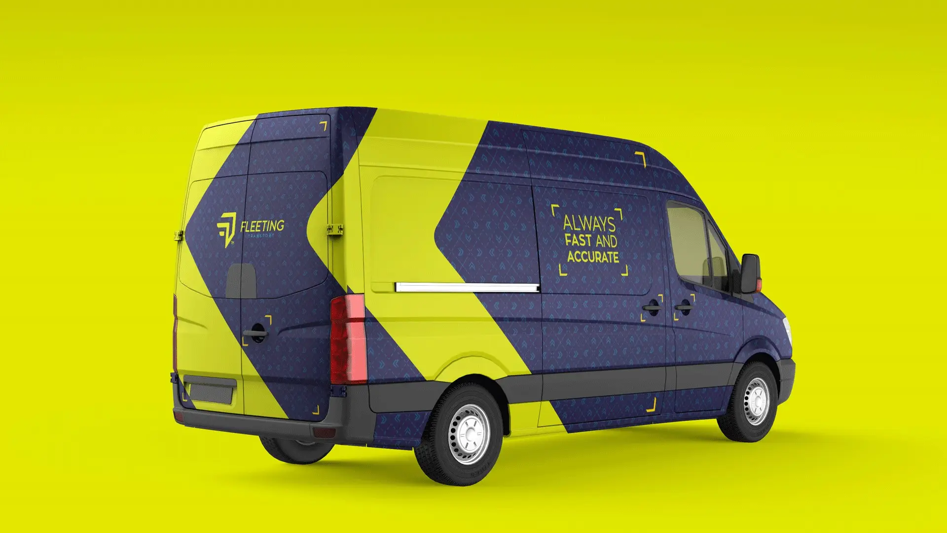 Mockup de furgoneta de reparto rotulada con la marca Fleeting Transport en colores amarillo y azul oscuro con diseño geométrico y el eslogan Always fast and accurate