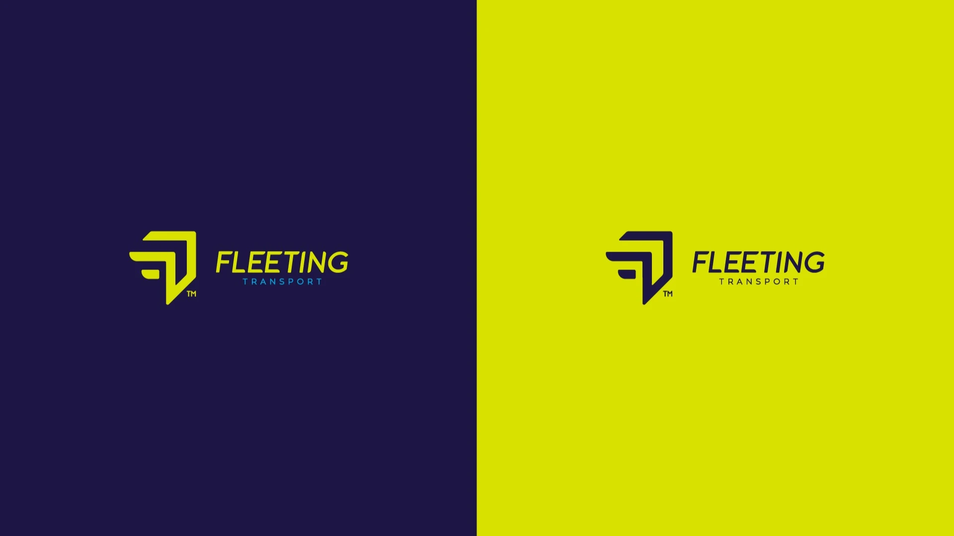 Variantes del logotipo de Fleeting Transport en amarillo sobre fondo azul oscuro y azul oscuro sobre fondo amarillo mostrando el isotipo de la F estilizada y el nombre de la marca