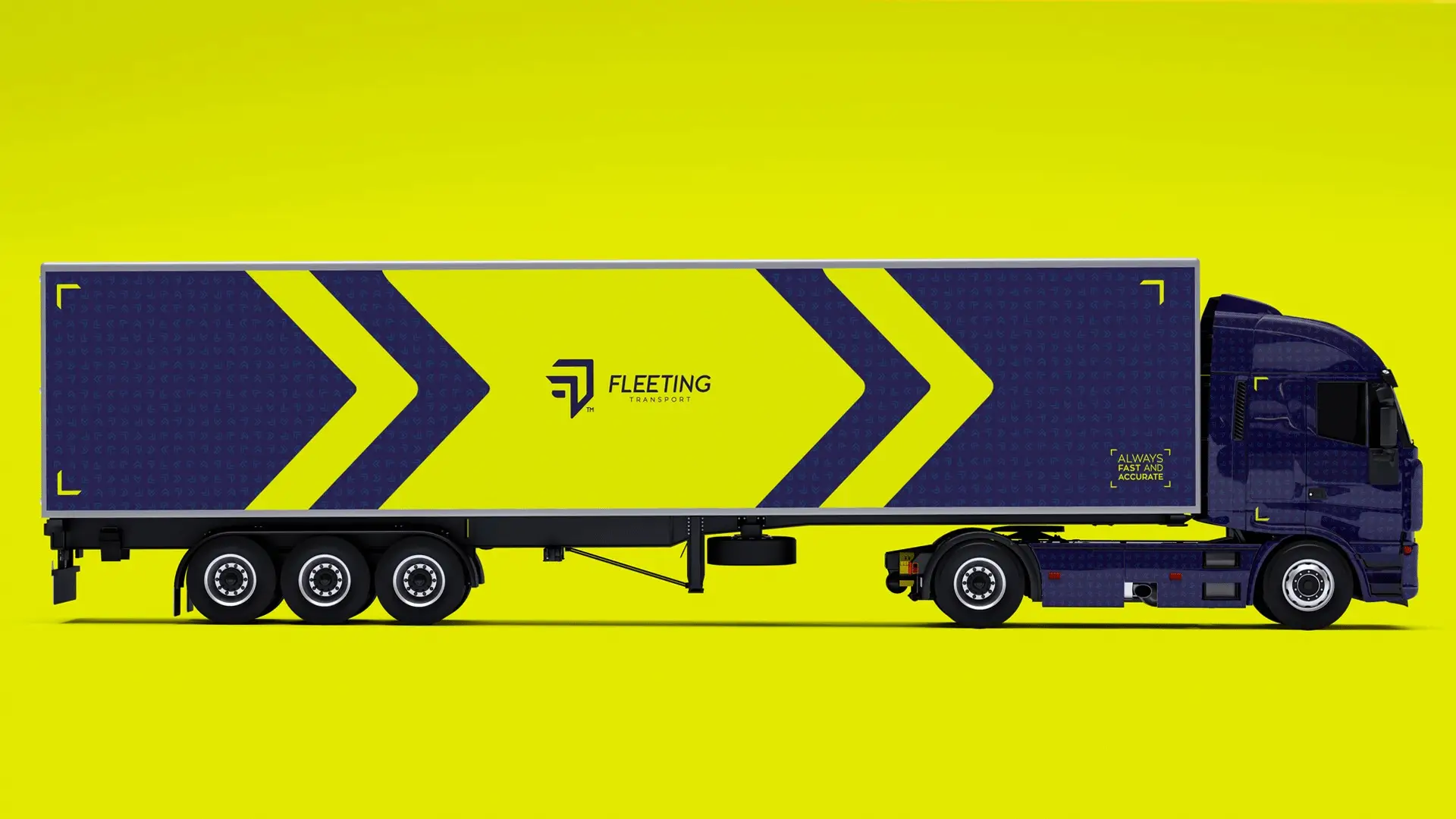 Camión de carga articulado sobre fondo amarillo, exhibiendo la identidad de marca 'Fleeting Transport' con una cabina azul oscuro estampada y un remolque diseñado con grandes flechas direccionales amarillas sobre azul, el logotipo central y el eslogan 'Alw