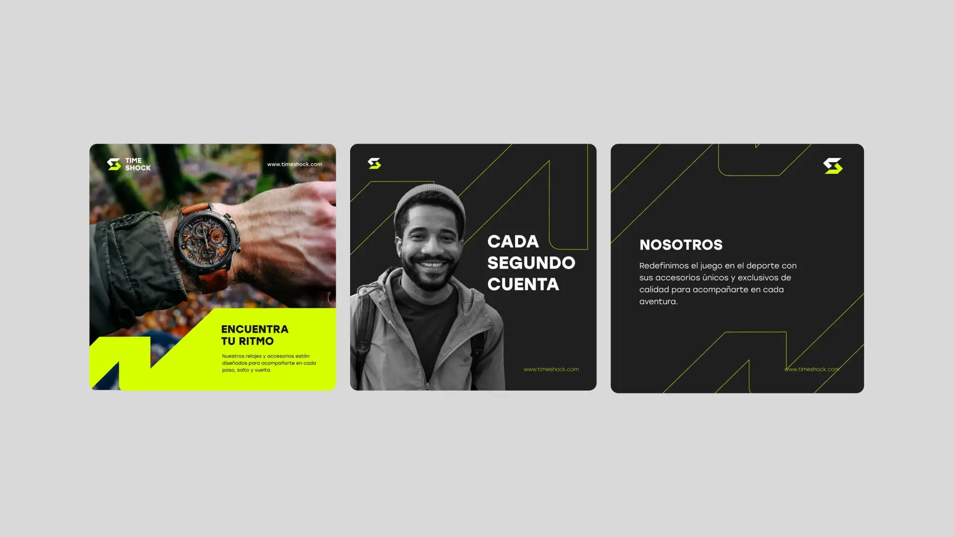 Tres piezas gráficas cuadradas para redes sociales de 'Time Shock': la primera muestra un reloj cronógrafo con correa de cuero, la segunda un retrato masculino con el mensaje 'Cada segundo cuenta' y la tercera presenta la sección 'Nosotros'