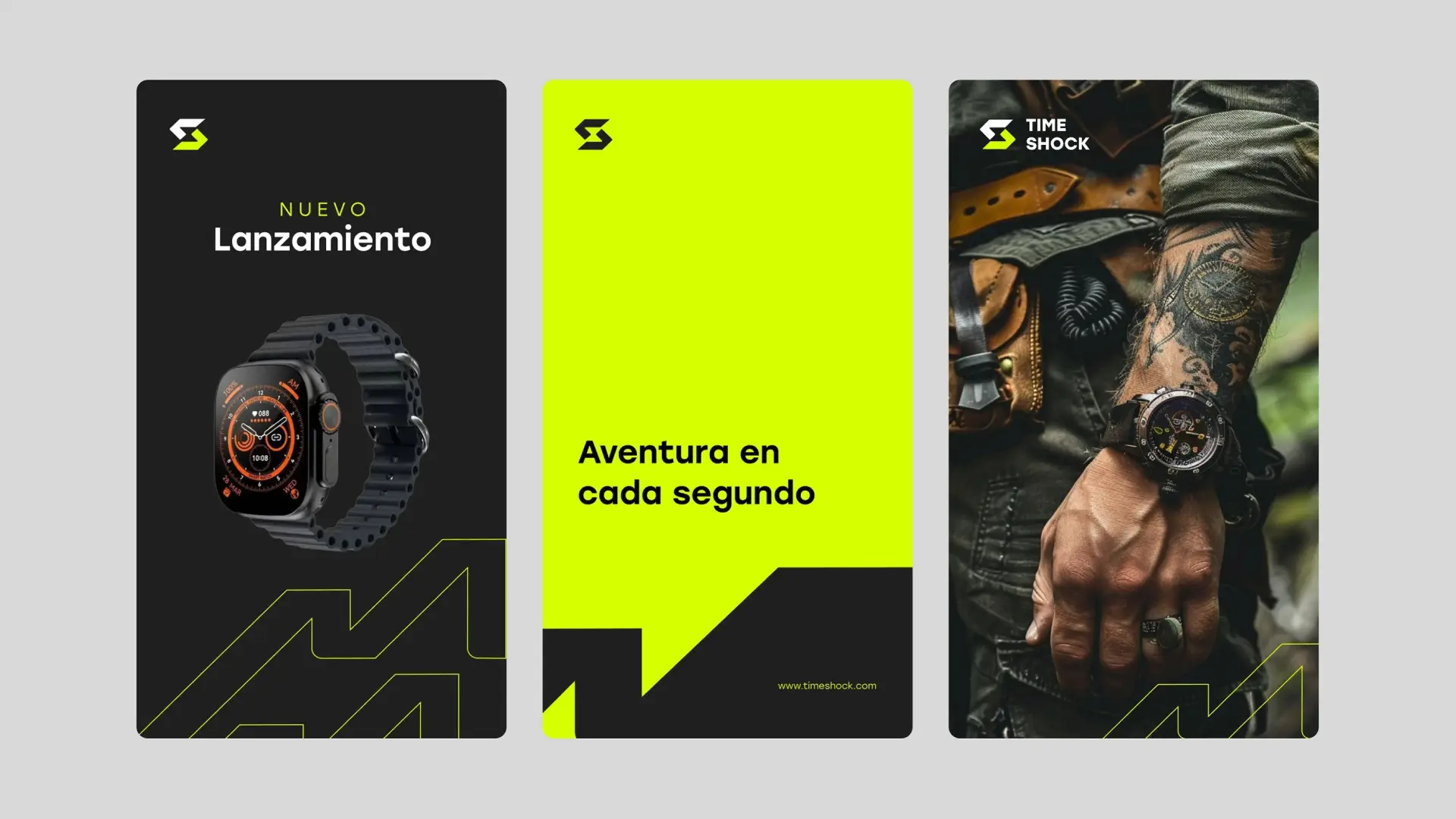 Tres diseños verticales para historias de redes sociales de 'Time Shock': el primero anuncia un 'Nuevo Lanzamiento' con un reloj inteligente, el segundo muestra el eslogan 'Aventura en cada segundo' y el tercero presenta un brazo tatuado con un reloj analó