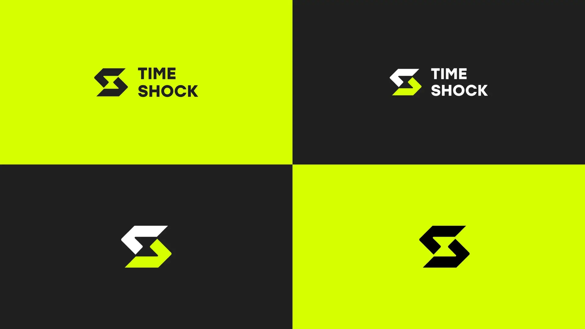 Muestrario de identidad visual con tarjetas y sobres en colores negro y verde neón