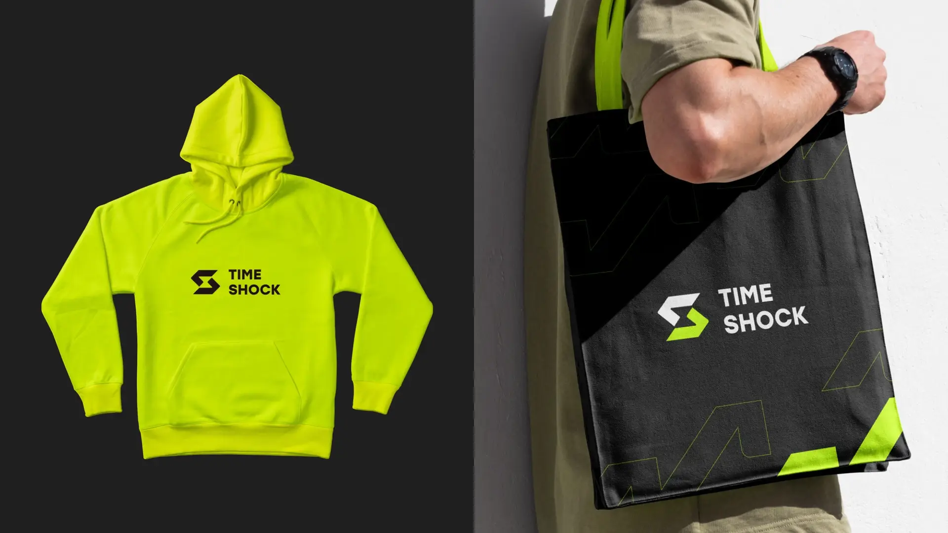 Sudarea verde con logo en el centro y al lado una persona cargando un tote bag negro con el logo de Time Shock y gráficos de ondas verdes