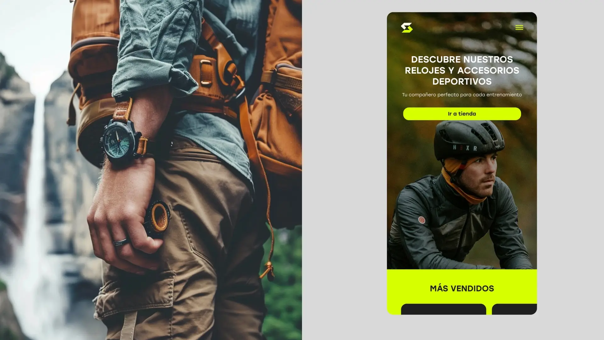 Composición que muestra a la izquierda un primer plano de un excursionista con reloj deportivo frente a una catarata, y a la derecha una interfaz móvil promocionando relojes y accesorios deportivos sobre la imagen de un ciclista
