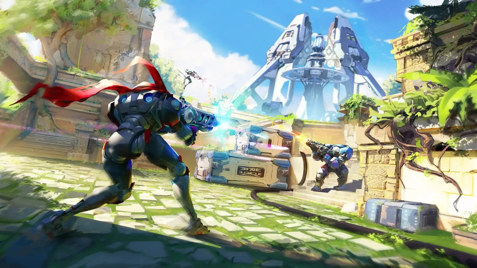 Ilustración detallada de un campo de batalla futurista con personajes robóticos en un entorno de ruinas antiguas bajo un cielo despejado