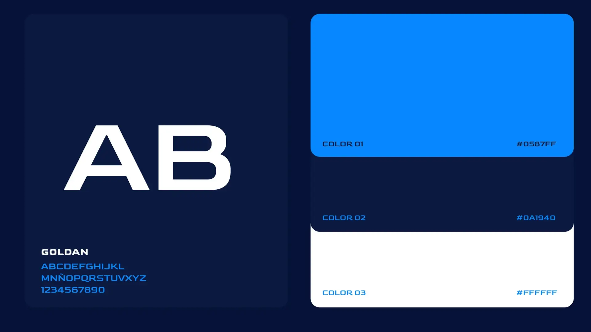 Guía de estilo de marca que muestra la tipografía Goldan en blanco sobre fondo azul, junto a una paleta de colores en tonos azul claro, azul oscuro y blanco