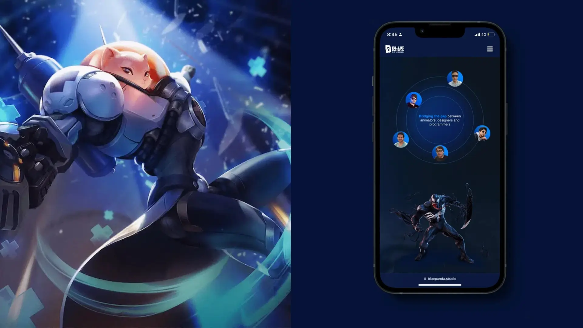 Composición que muestra una ilustración de un personaje de acción futurista a la izquierda y la interfaz de una aplicación móvil en un smartphone a la derecha