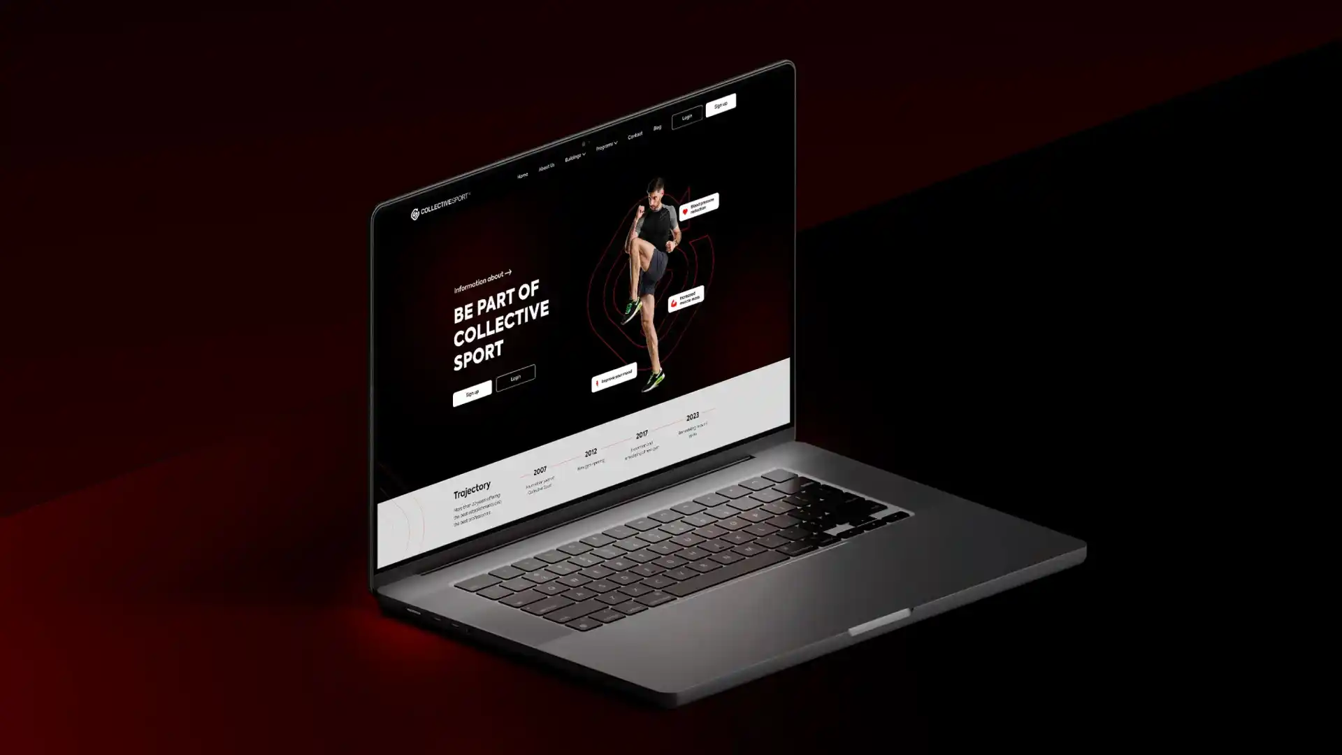 Ordenador portátil en perspectiva mostrando una interfaz deportiva sobre un fondo con degradado rojo oscuro y negro