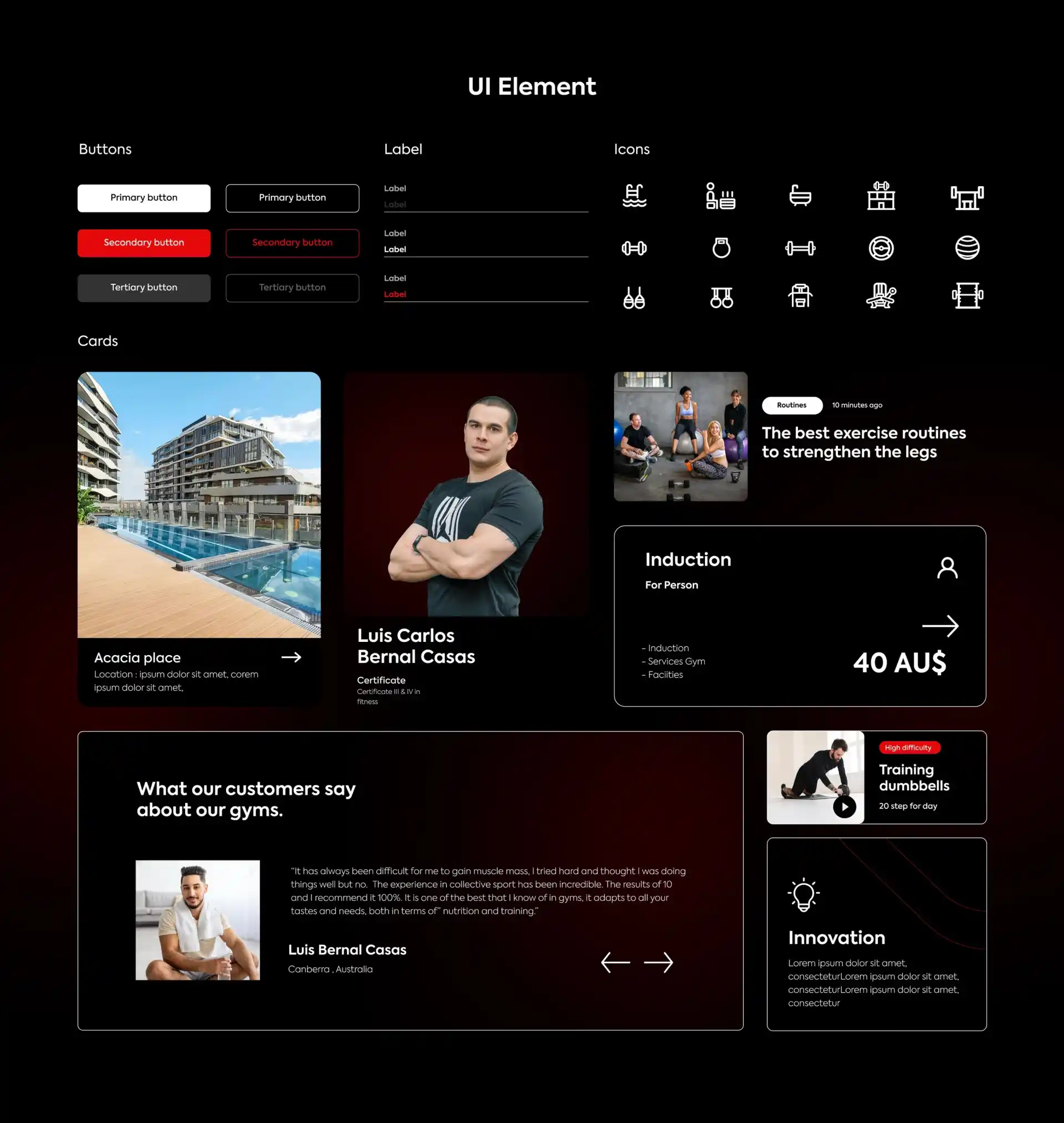 Biblioteca de elementos de interfaz de usuario (UI Elements) que incluye botones, iconos, tarjetas de perfil y controles de reproducción