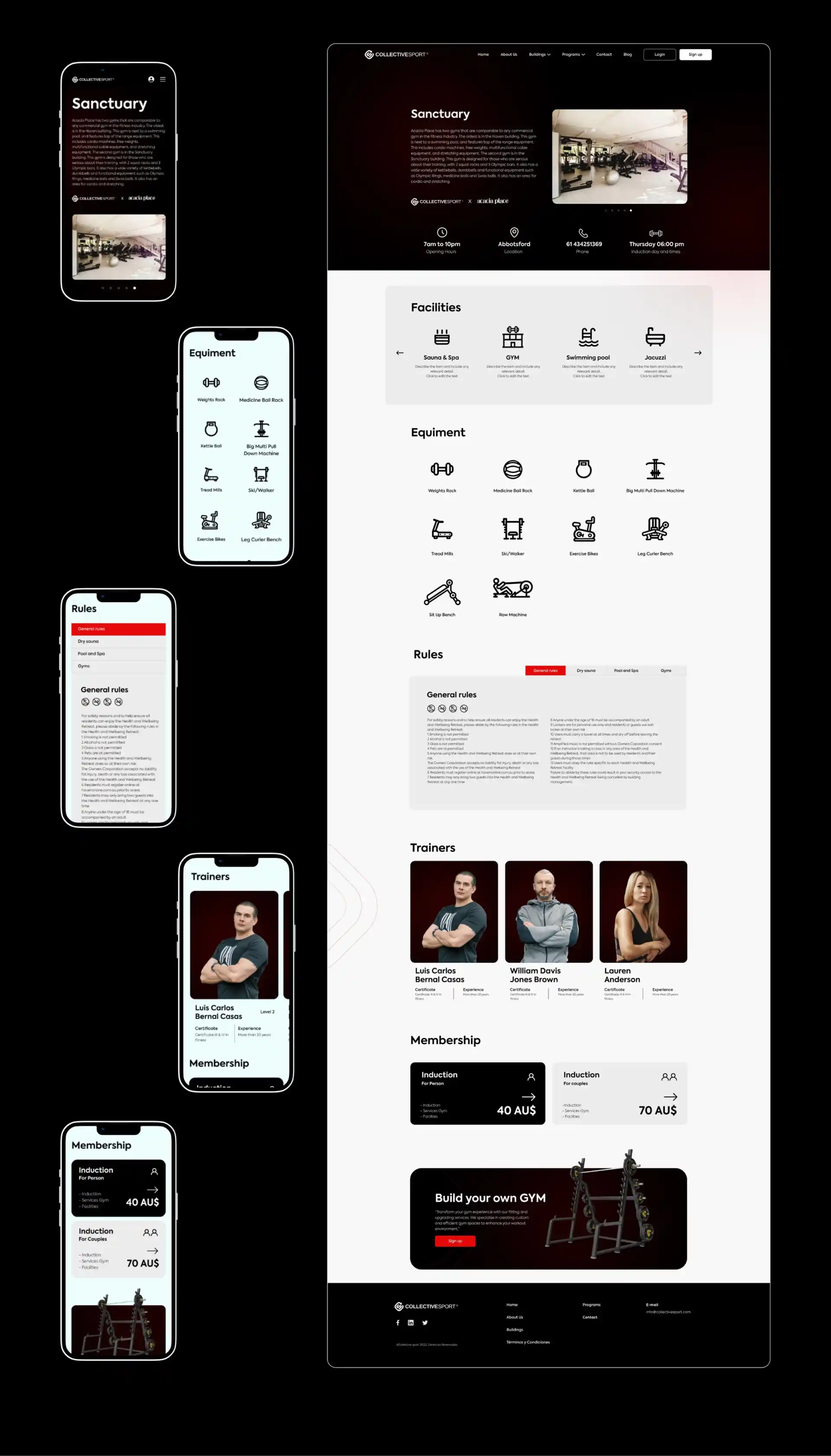 Diseño de página web de servicios deportivos con vista lateral de múltiples pantallas de smartphone