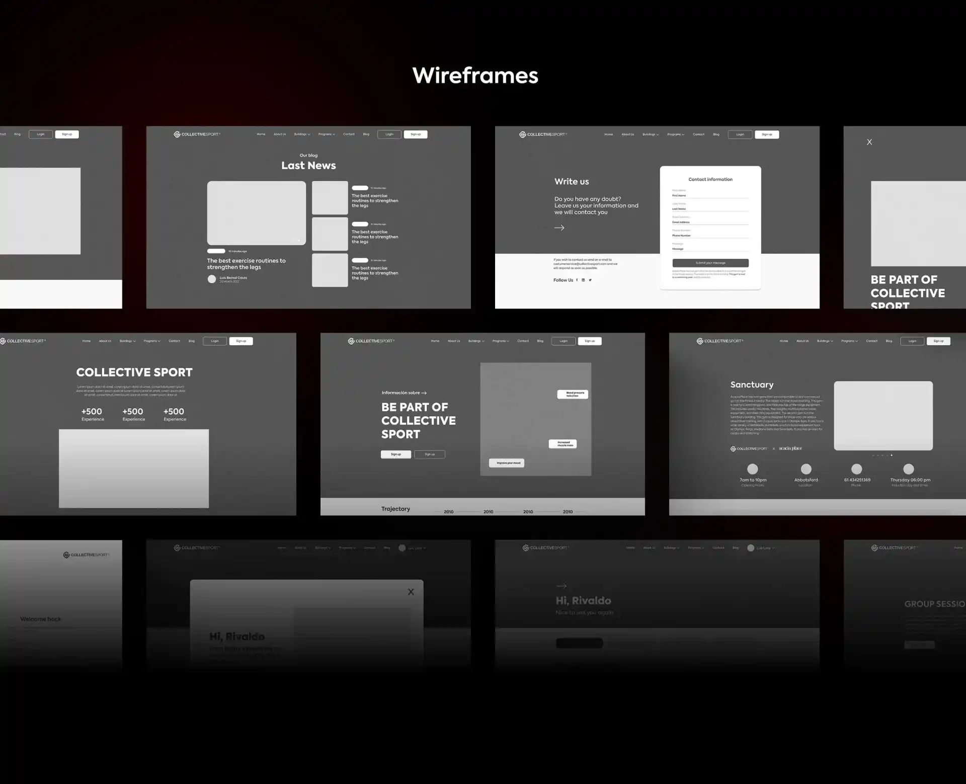 Conjunto de wireframes en baja fidelidad que muestran la estructura de diferentes secciones de una página web