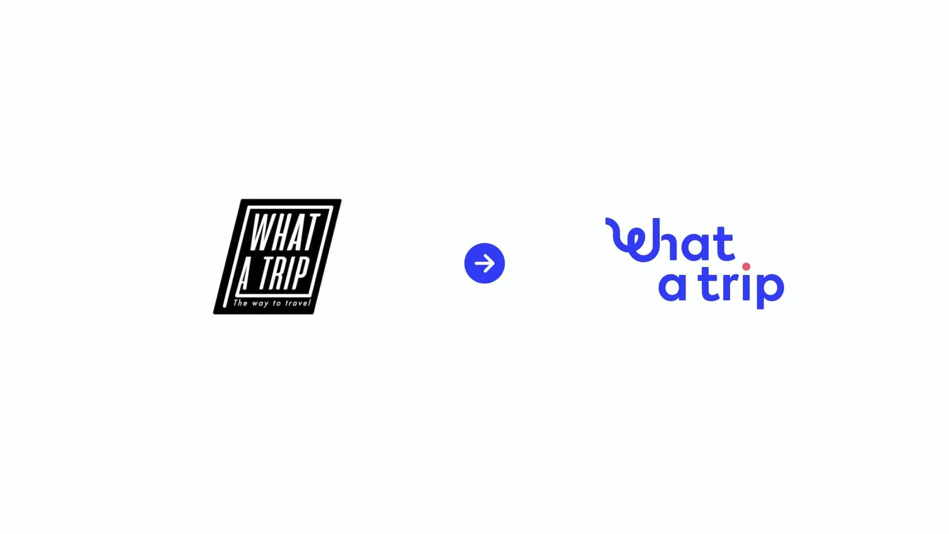 Comparativa de rebranding mostrando la evolución del logotipo antiguo tipo sello de What a Trip hacia la nueva identidad visual con tipografía gestual azul