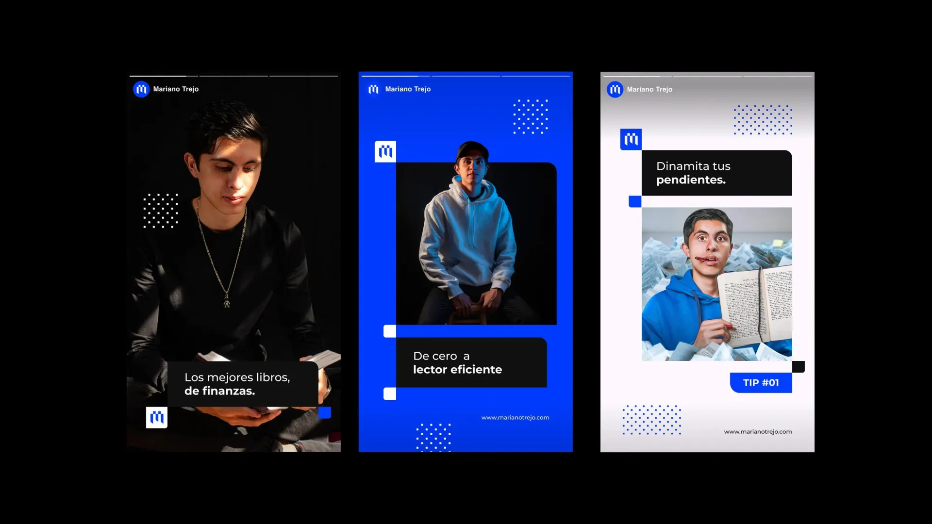 Tres diseños verticales para historias de redes sociales: el primero muestra a un joven leyendo sobre finanzas, el segundo presenta un curso de lectura eficiente y el tercero ofrece consejos para gestionar tareas pendientes