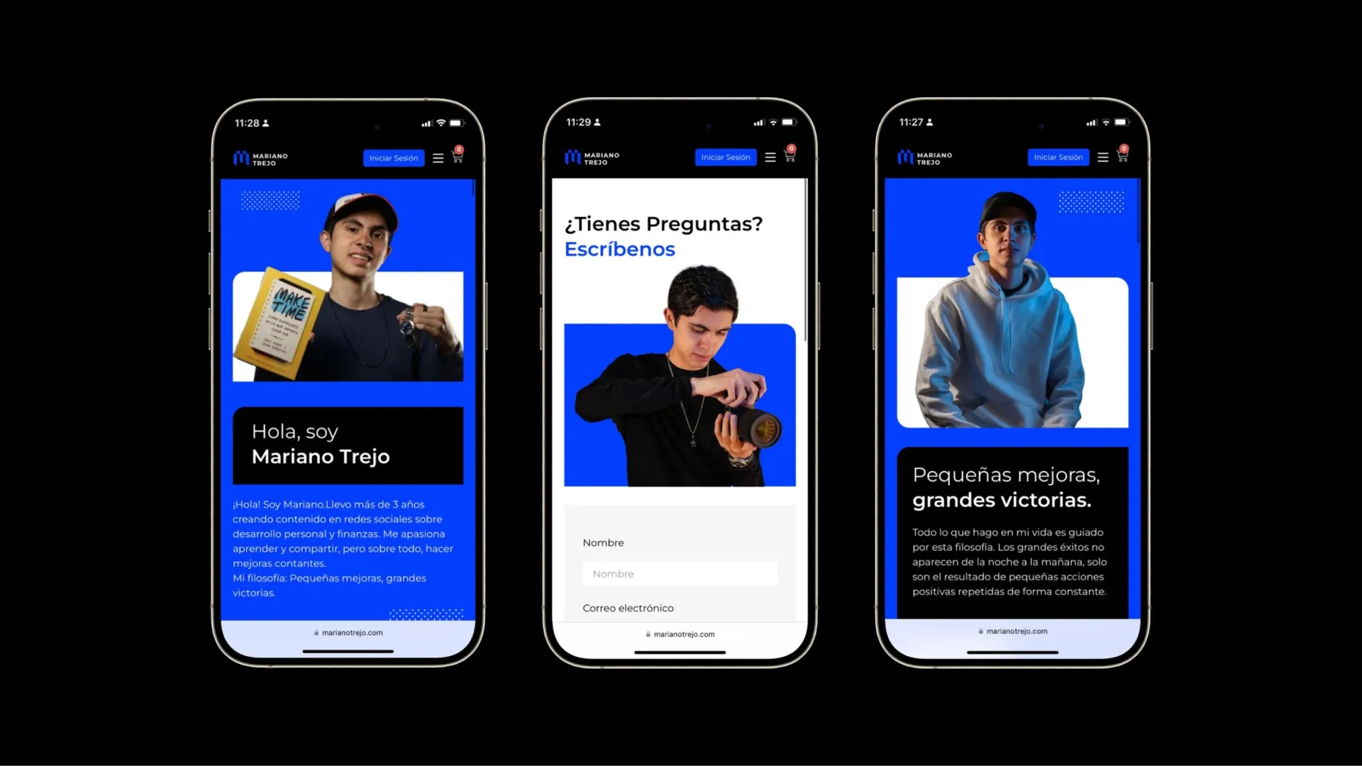 Tres interfaces móviles verticales con diseño azul y blanco: la primera presenta una biografía personal con fotografía, la segunda un formulario de contacto titulado '¿Tienes Preguntas?' y la tercera una sección de filosofía con una frase motivacional