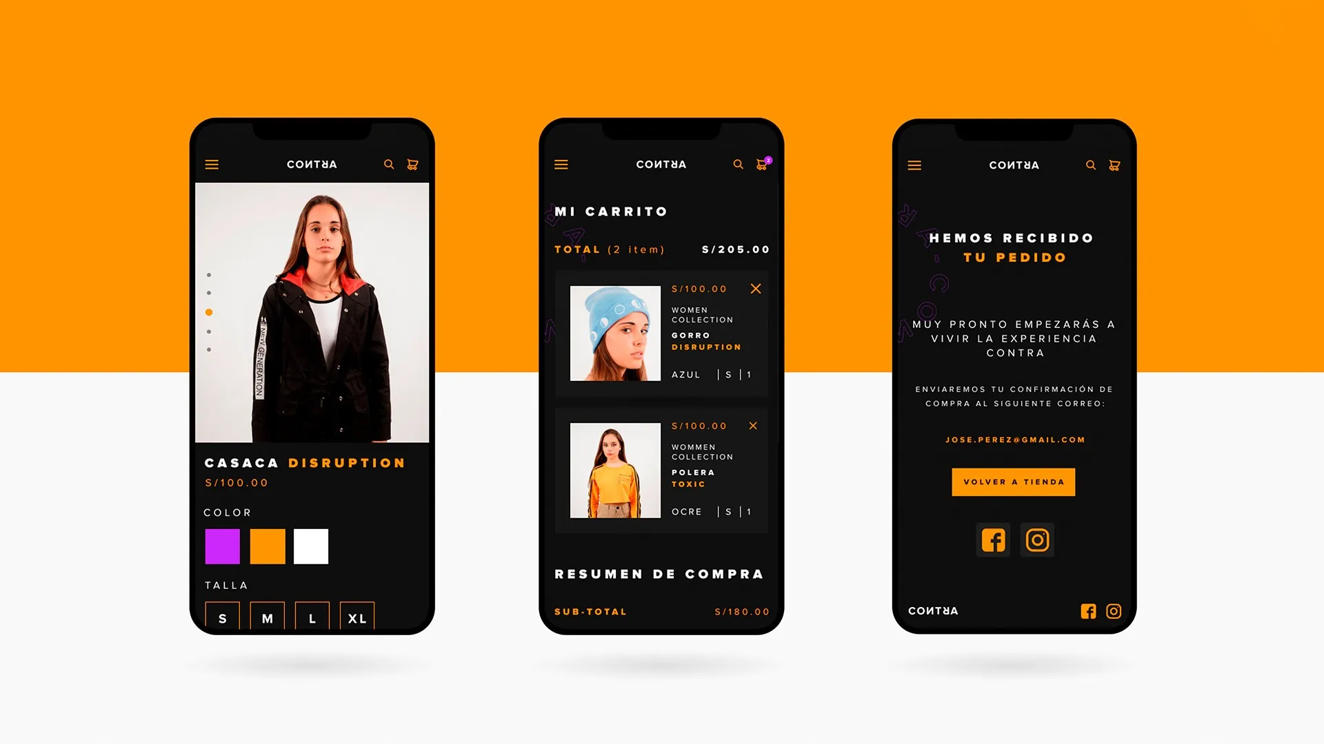 Interfaz de aplicación móvil de moda con pantallas de producto carrito de compras y resumen de pedido en diseño oscuro y acentos naranjas