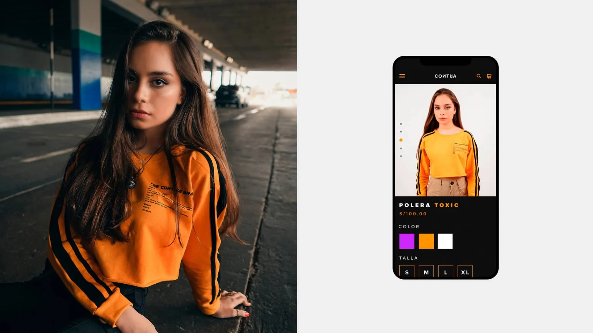Fotografía de modelo usando sudadera naranja en entorno urbano acompañada de visualización de producto en aplicación móvil