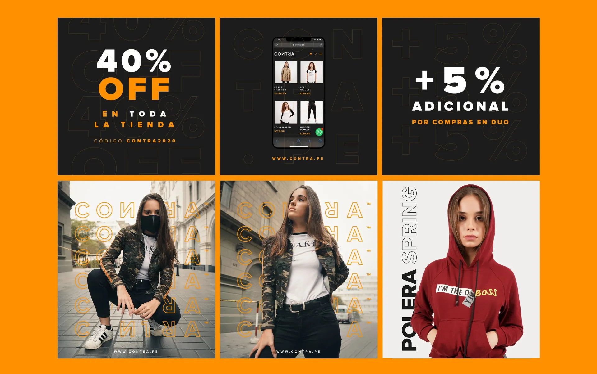  Cuadrícula de seis piezas gráficas para redes sociales de una marca de ropa: tres superiores con anuncios de descuentos y una interfaz móvil, y tres inferiores mostrando modelos con prendas urbanas sobre un fondo naranja