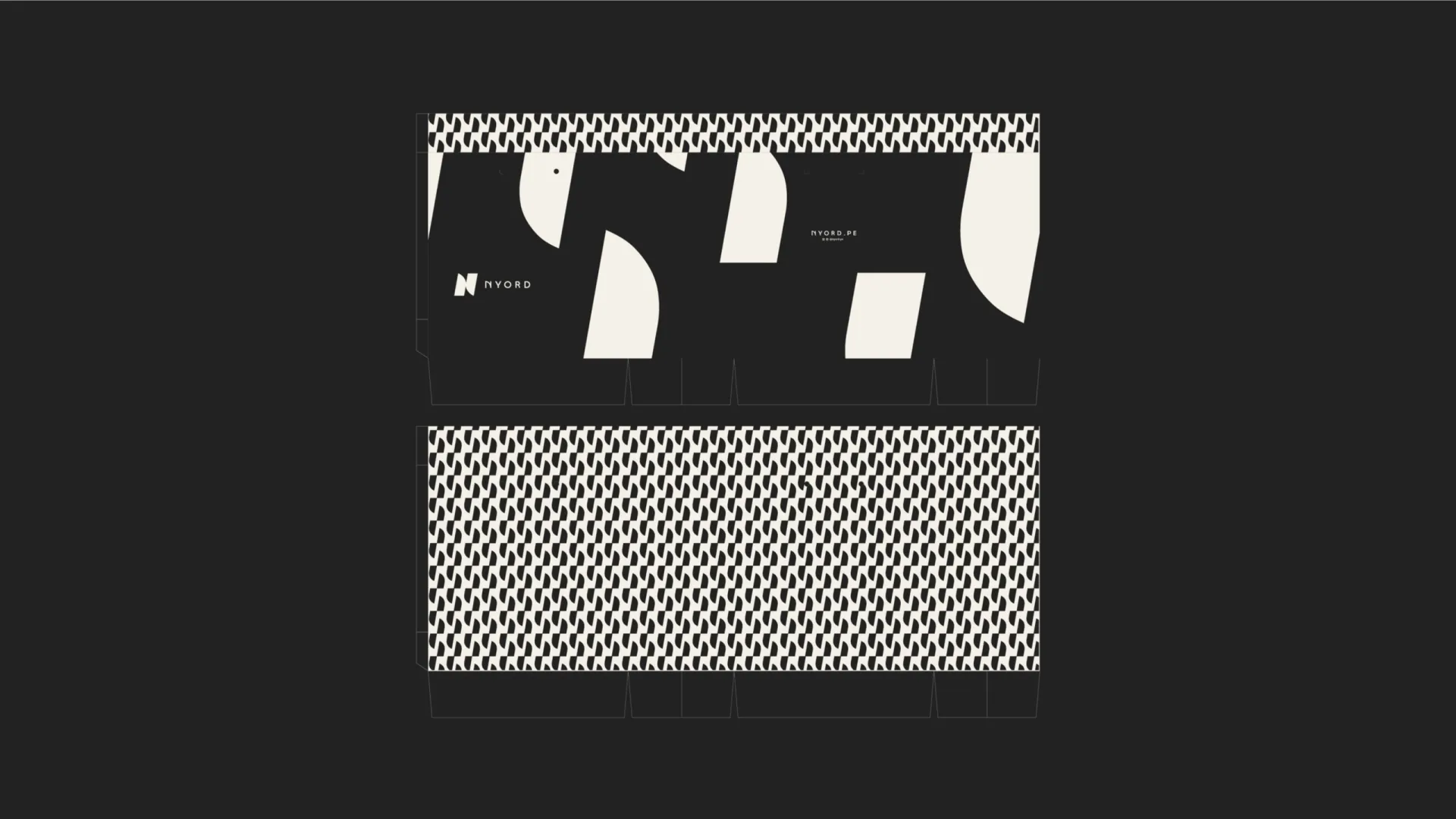 Dos planos de diseño para empaques de la marca 'NYORD' sobre fondo negro: el superior combina formas orgánicas blancas con un patrón geométrico superior, y el inferior presenta un patrón repetitivo de pequeños elementos abstractos bicolor