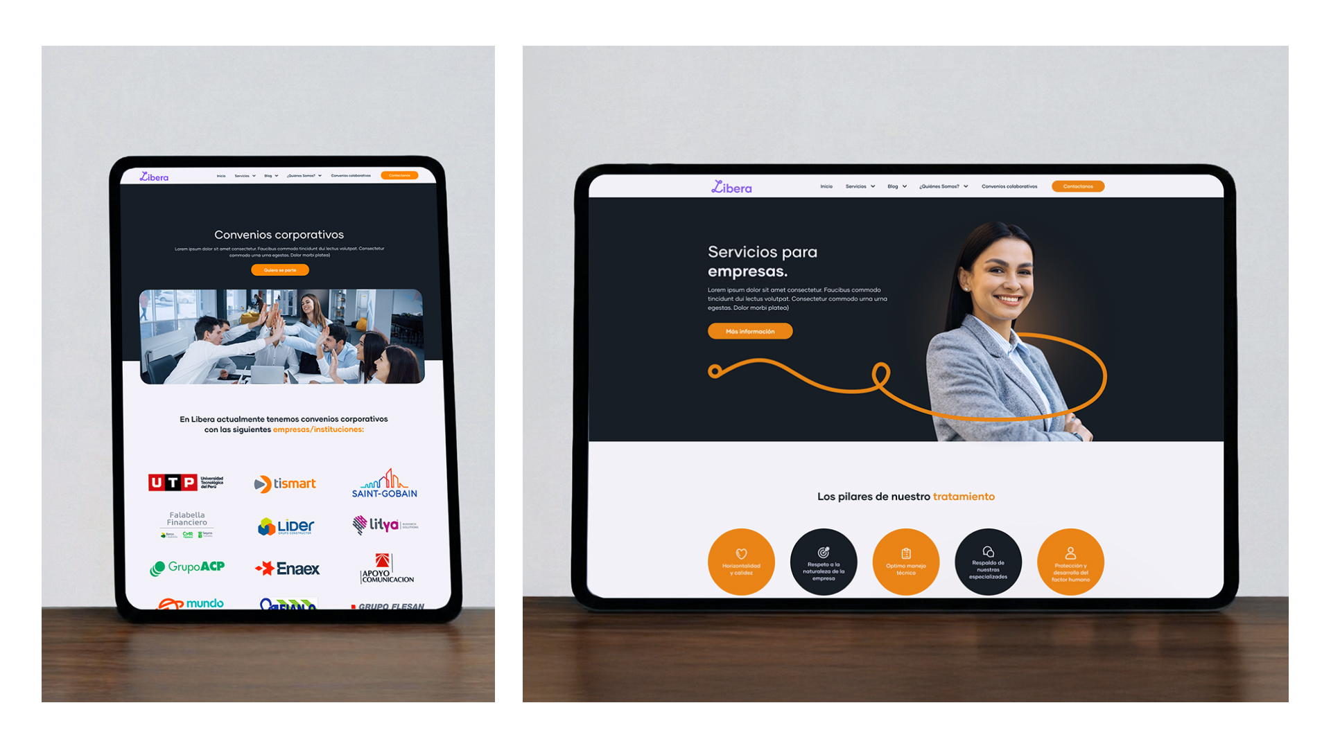 Tablets mostrando interfaz de aplicación con diseño de marca