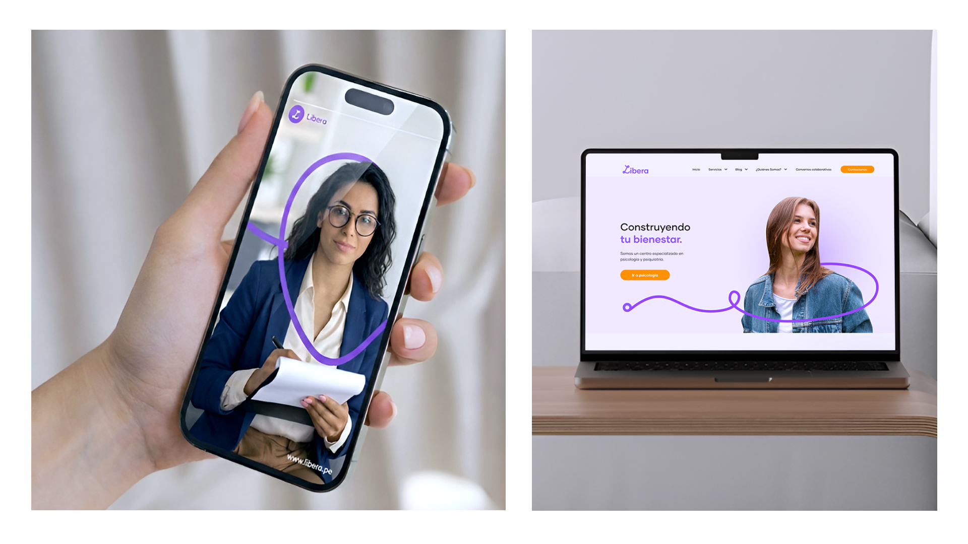 Teléfono móvil y laptop mostrando interfaz digital de marca