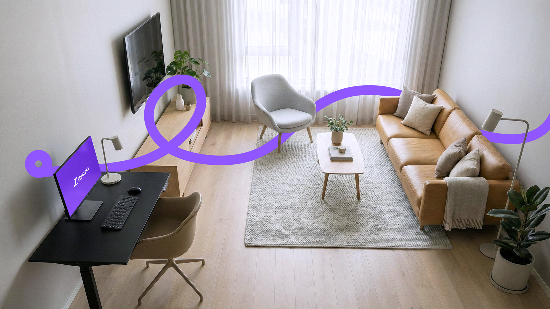 Sala de estar con gráficos de marca integrados en el espacio