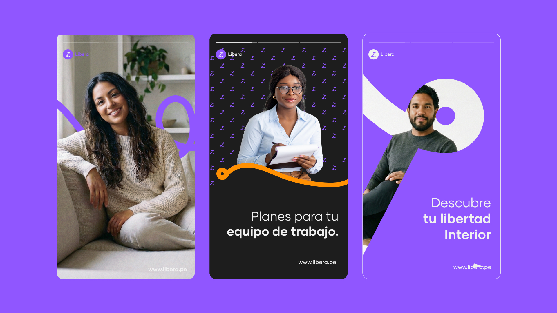 Composición de historias para redes sociales con diseño morado y retratos