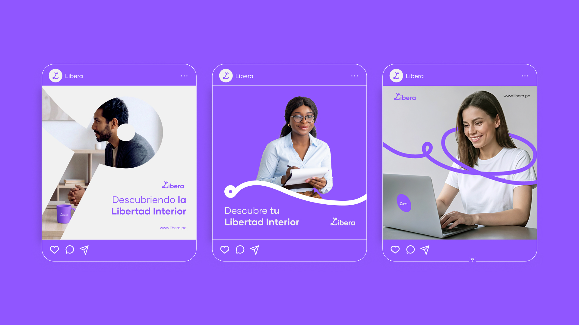 Mockup de interfaz móvil en fondo morado con diseño de marca