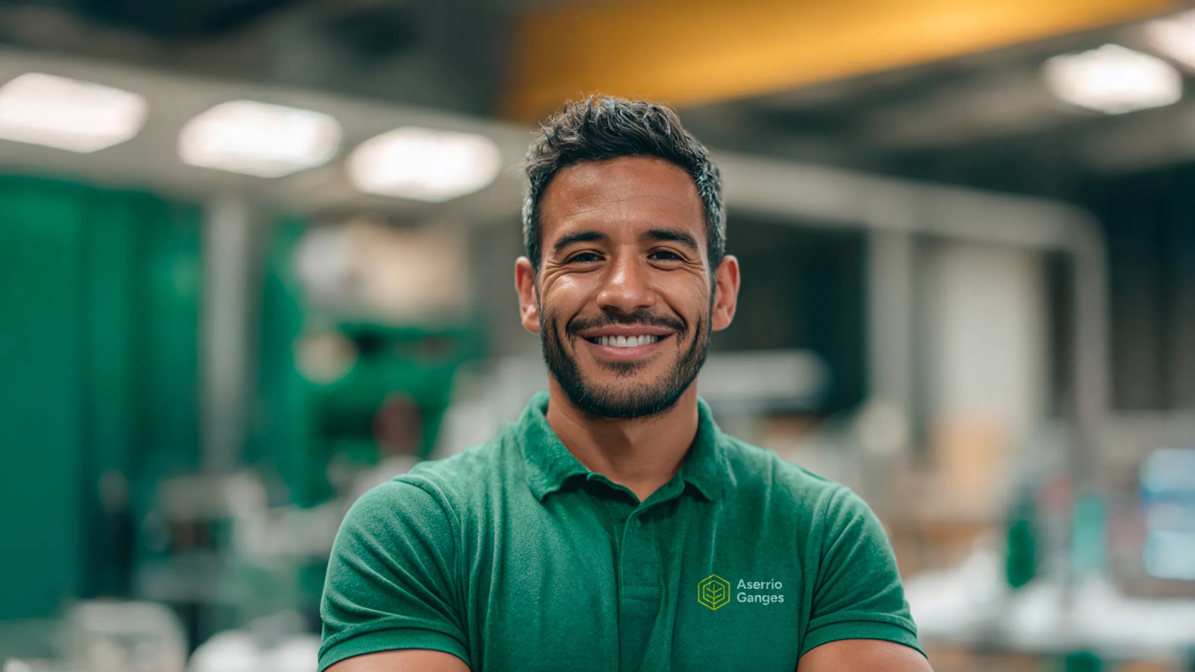 Colaborador con uniforme verde sonriendo en un entorno industrial