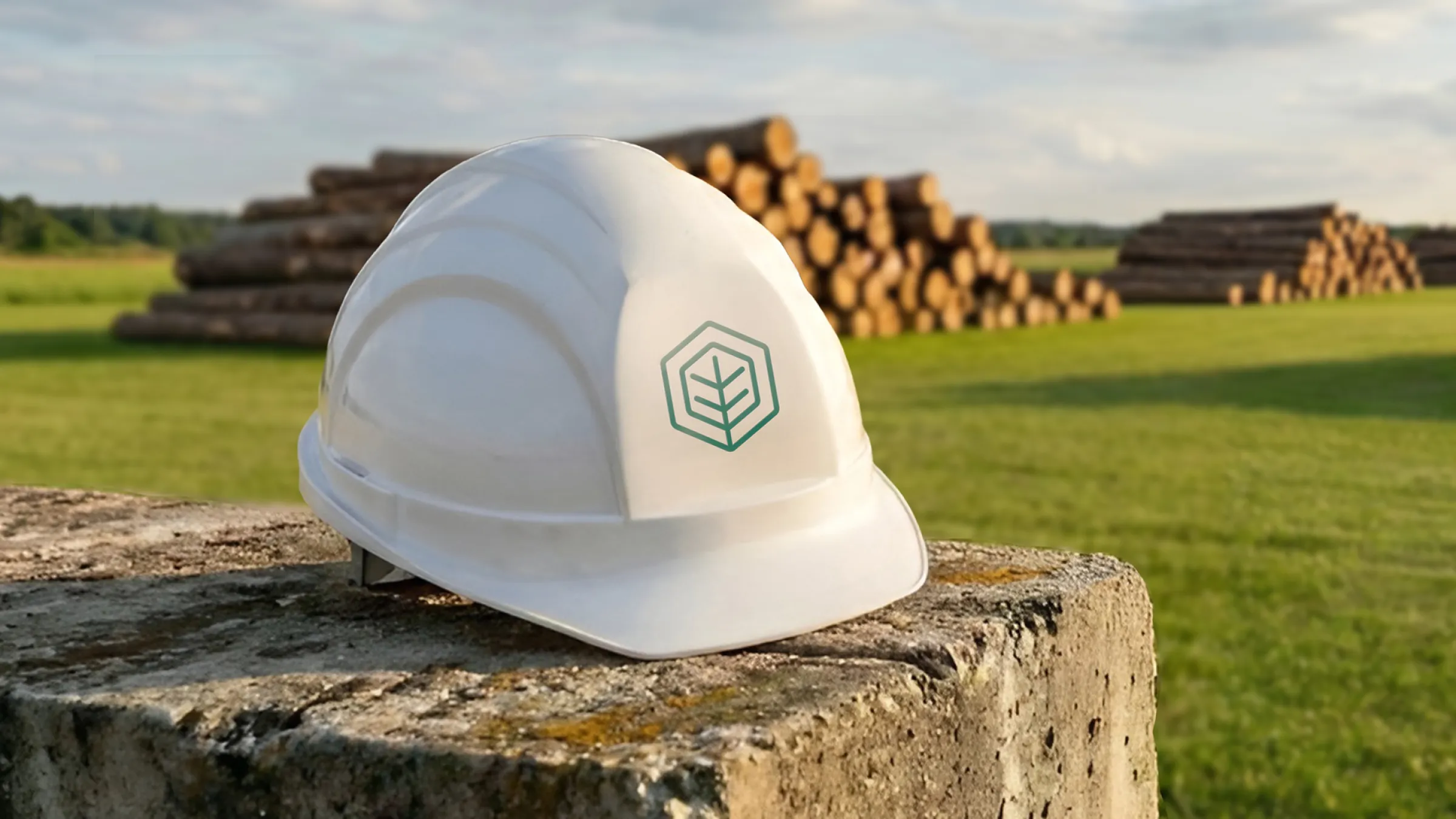 Casco de seguridad blanco con logotipo sobre superficie de madera al aire libre