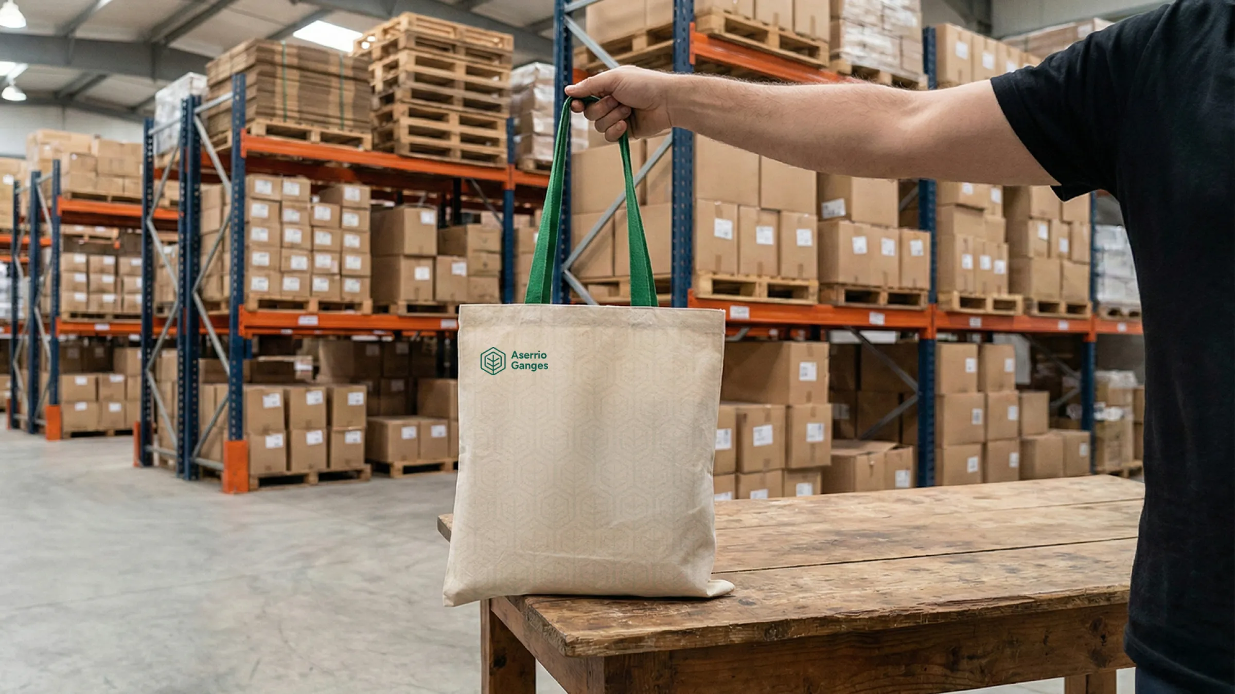 Tote bag corporativo sostenido en almacén de pallets