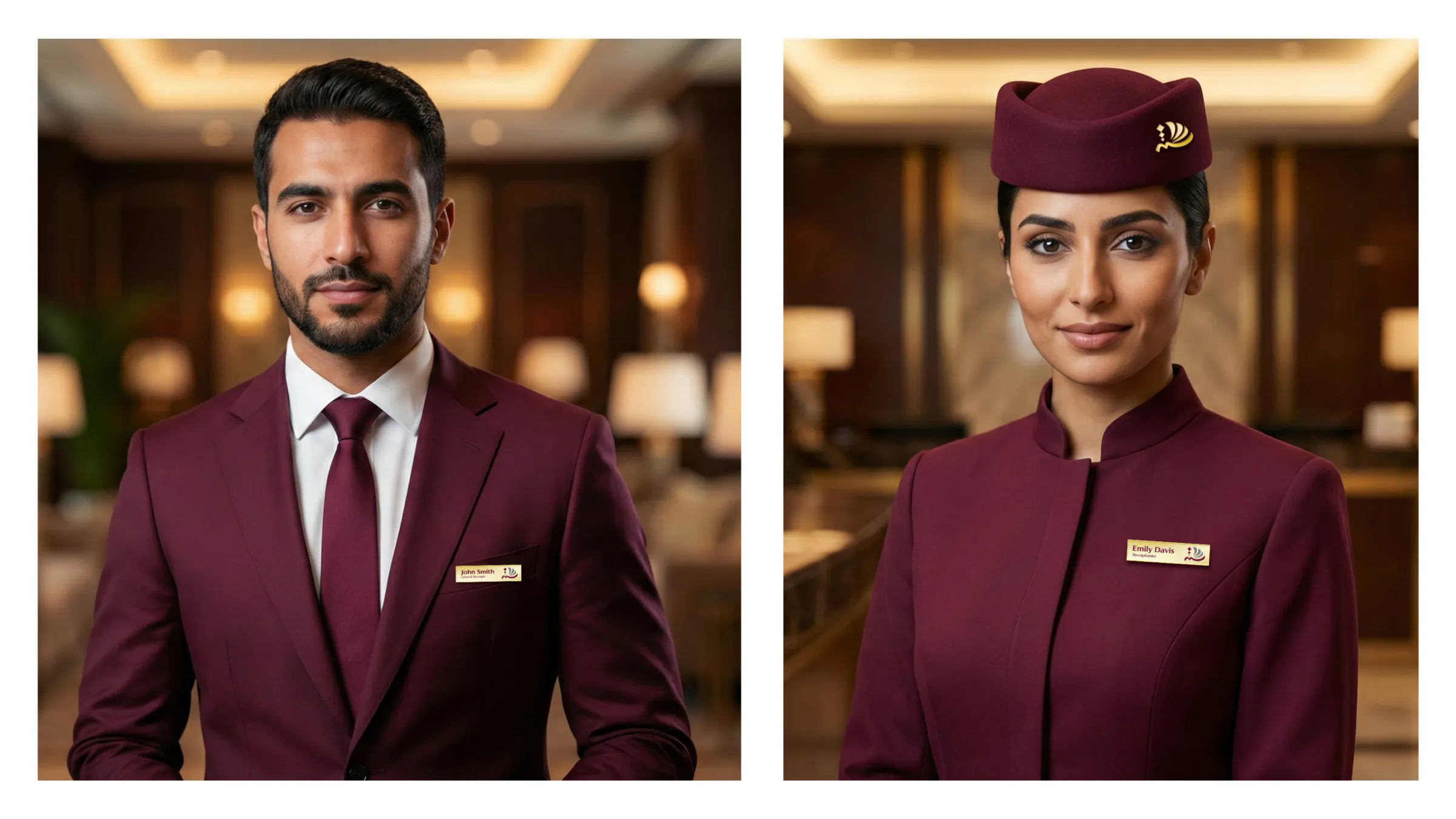 Retratos corporativos de personal con uniformes burdeos