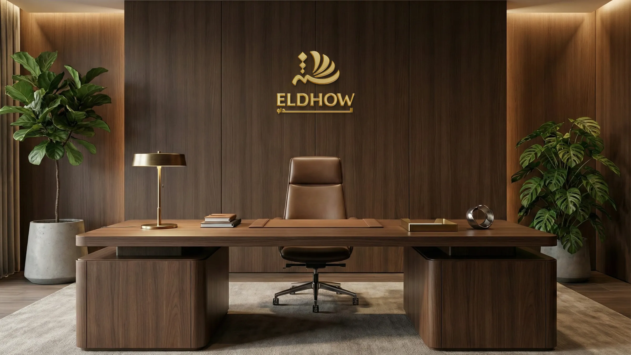 Oficina ejecutiva con logotipo de marca en pared