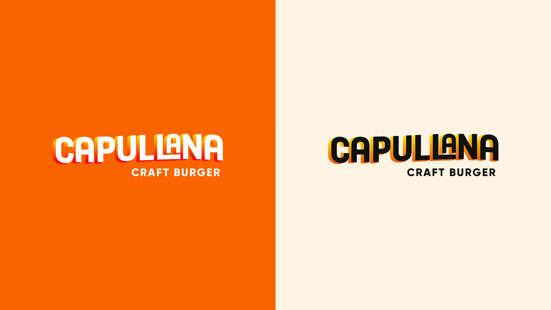 Dos variaciones de color del logotipo de Capullana Craft Burger con diseño de tipografía en 3D. A la izquierda en blanco sobre fondo naranja, y a la derecha en negro sobre fondo crema