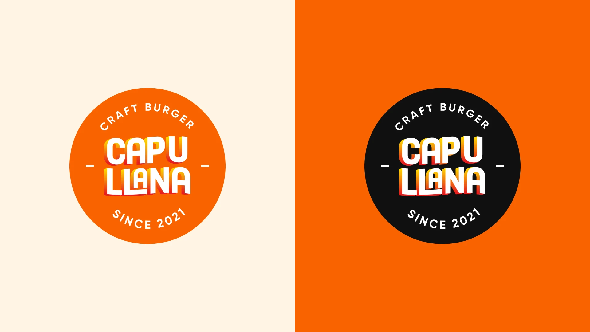 Dos variaciones del logotipo circular de Capullana Craft Burger, una naranja sobre fondo crema y otra negra sobre fondo naranja