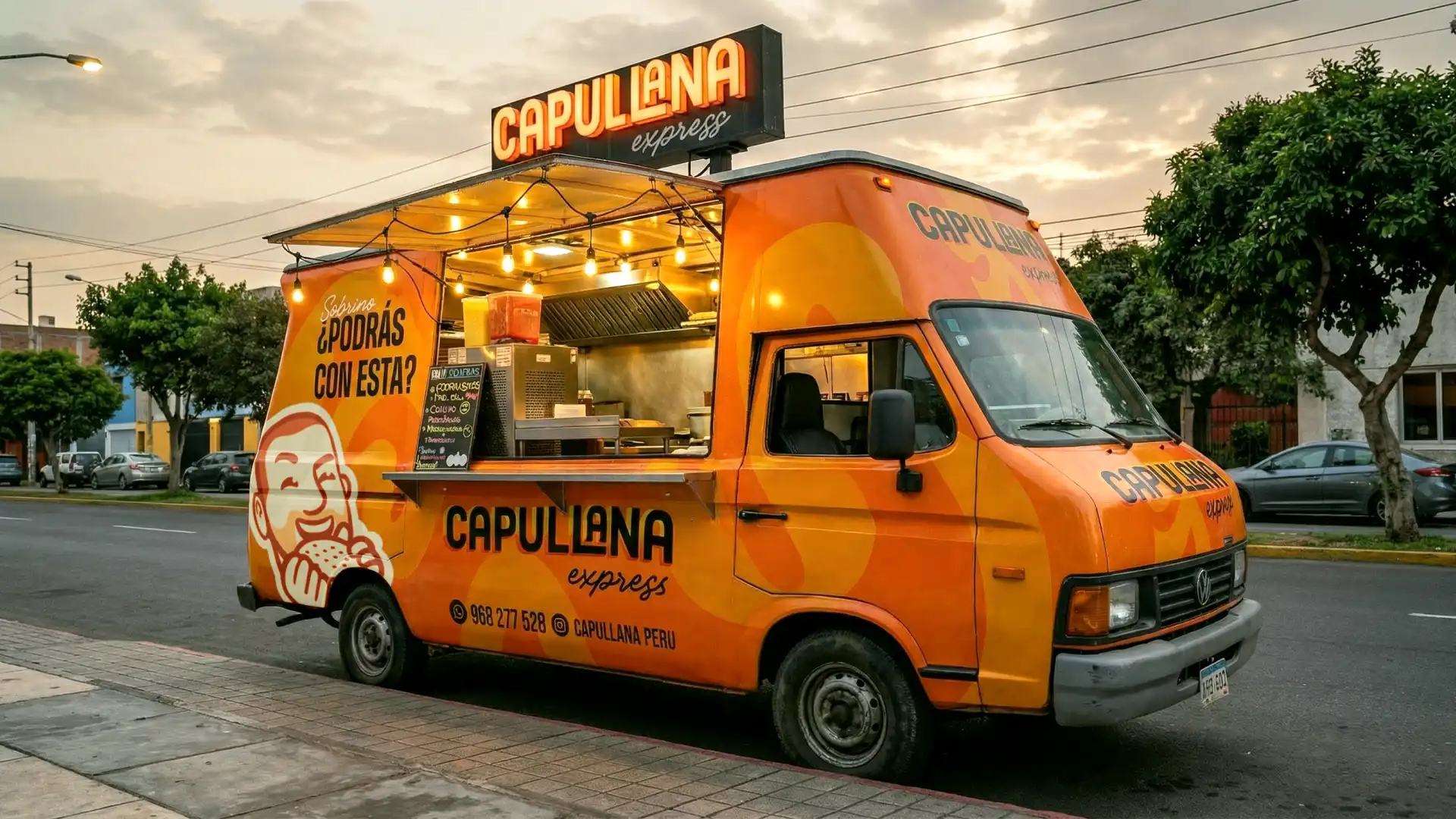 Food truck naranja de Capullana Express estacionado en la calle con la ventana de atención abierta e iluminada