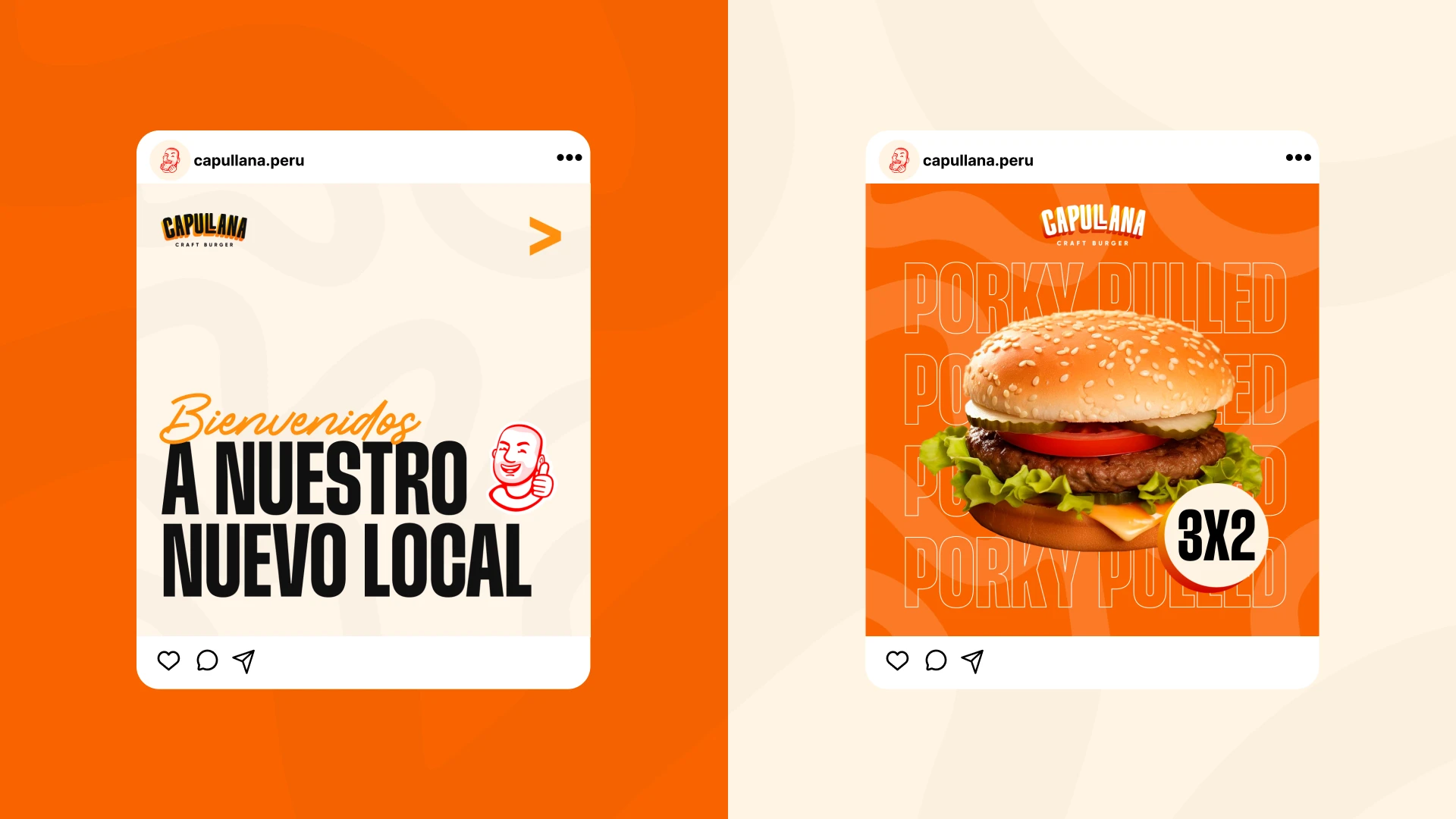 Dos diseños de publicaciones de redes sociales de Capullana anunciando nuevas promociones y una oferta 3x2 de la hamburguesa Crazy Bacon