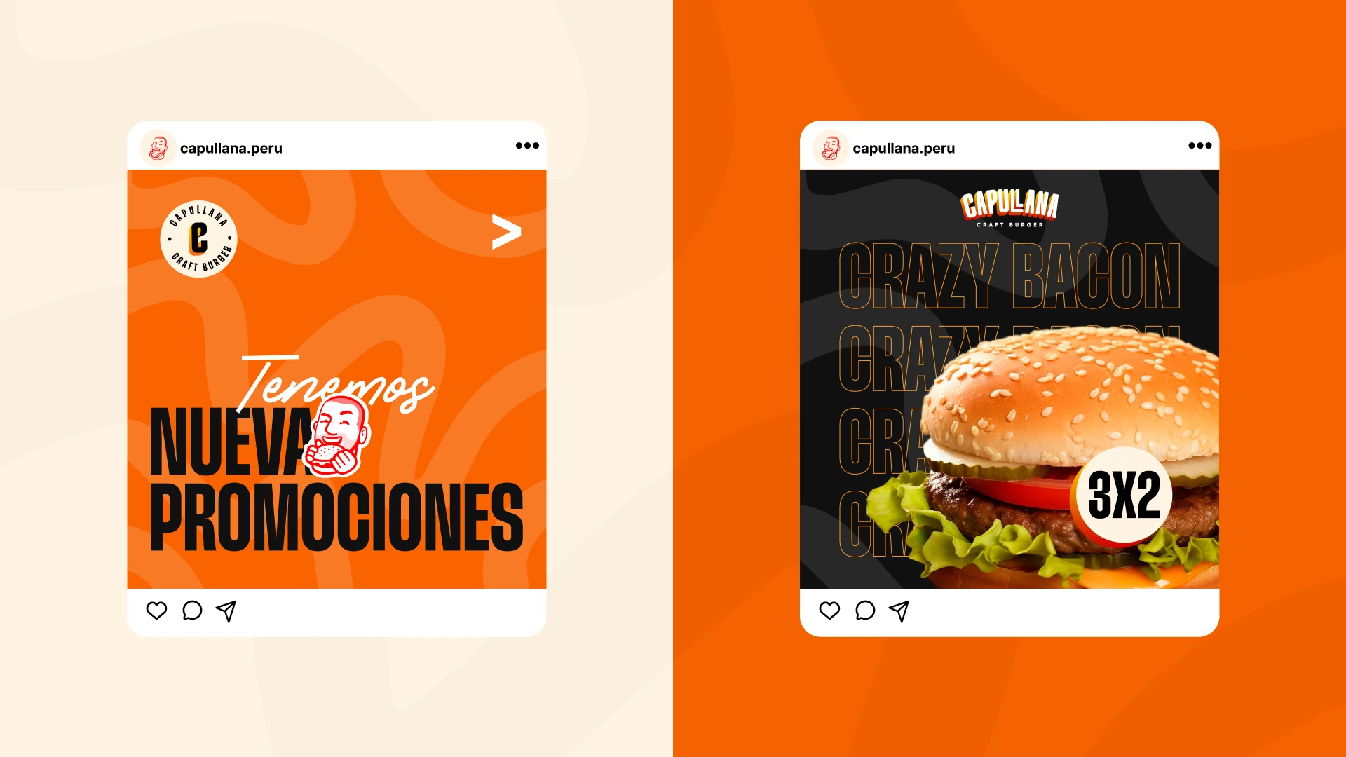 Dos diseños de publicaciones de redes sociales de Capullana anunciando nuevas promociones y una oferta 3x2 de la hamburguesa Crazy Bacon