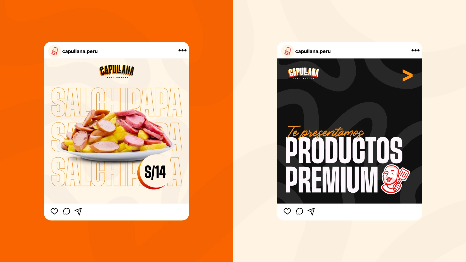Dos publicaciones de Instagram de Capullana Craft Burger, una promocionando una salchipapa a 14 soles y otra anunciando productos premium