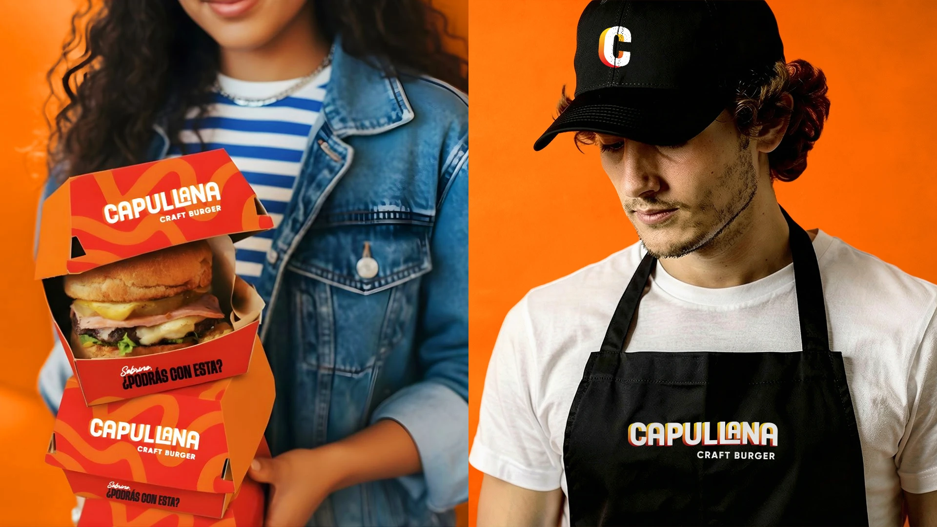 Imagen dividida mostrando a la izquierda a una persona con chaqueta vaquera sosteniendo cajas naranjas de Capullana y a la derecha a un hombre con gorra y mandil negro de la marca sobre fondo naranja