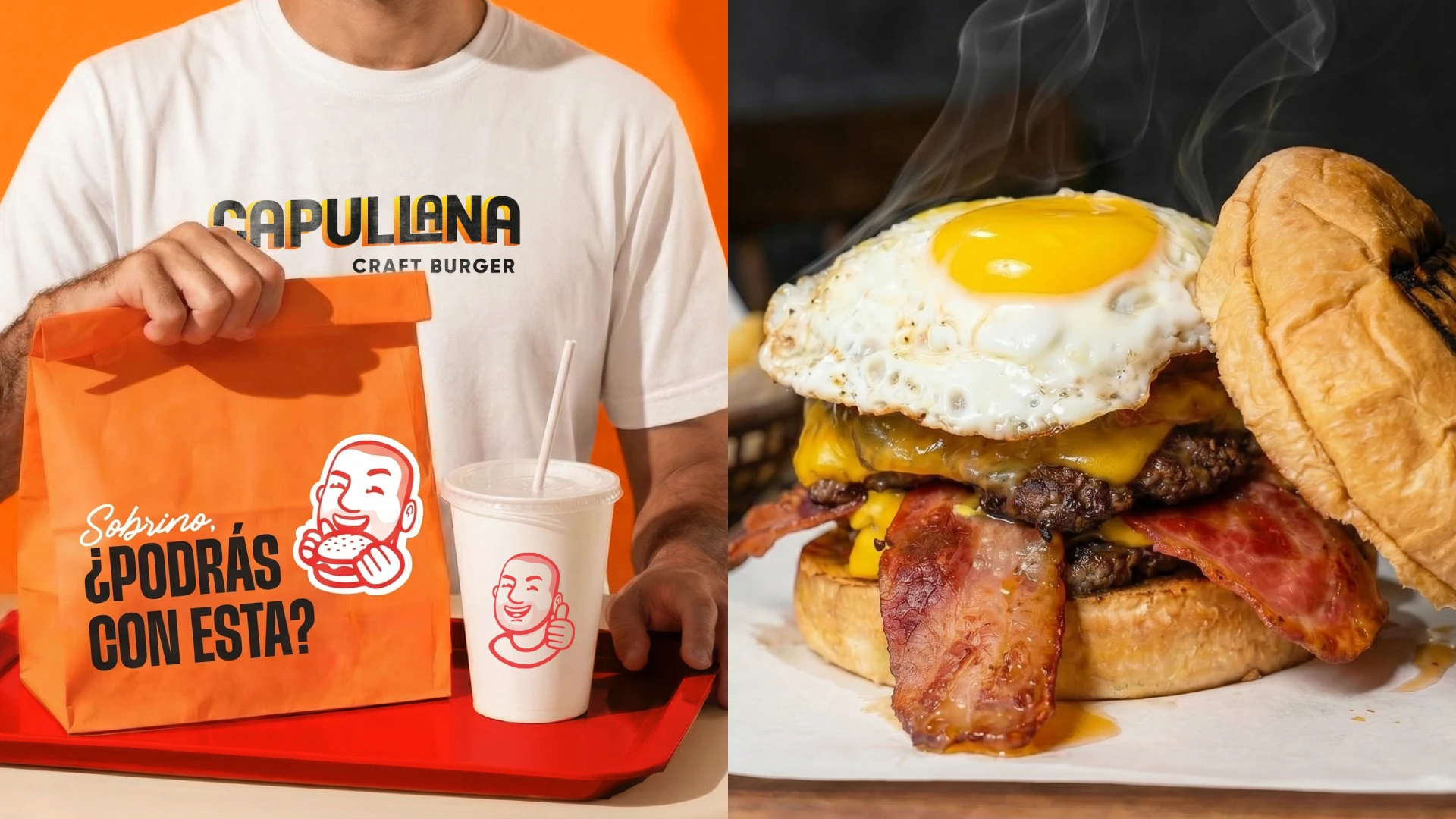Imagen dividida mostrando a la izquierda a una persona con polo blanco de Capullana sosteniendo una bolsa de papel naranja junto a un vaso sobre una bandeja y a la derecha una hamburguesa doble con queso tocino y un huevo frito humeante encima