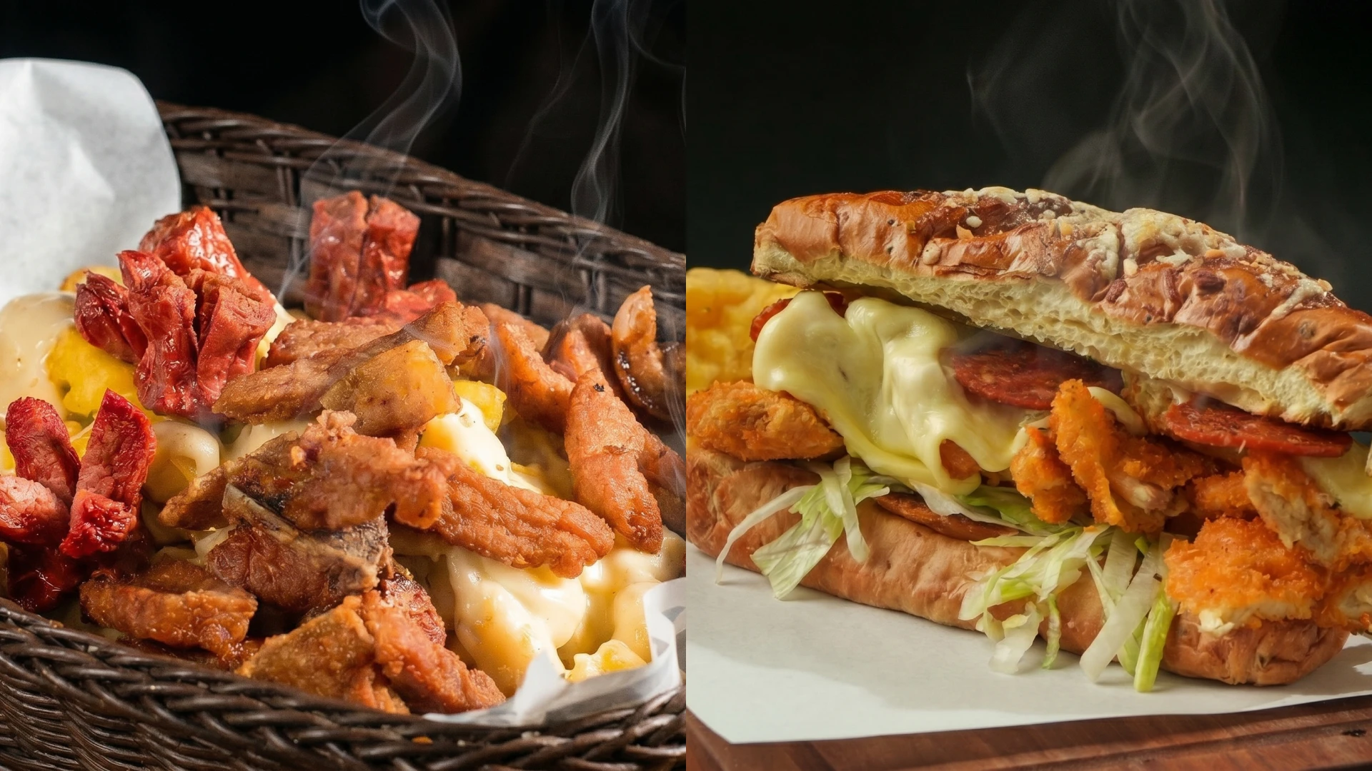 Imagen dividida mostrando a la izquierda una canasta de mimbre con papas fritas bañadas en queso derretido trozos de salchicha y carne frita humeante y a la derecha un sándwich humeante de pollo crujiente con abundante queso derretido pepperoni y lechuga