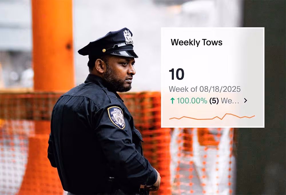 Police officer in uniform standing near orange construction fencing with weekly tows data overlay.