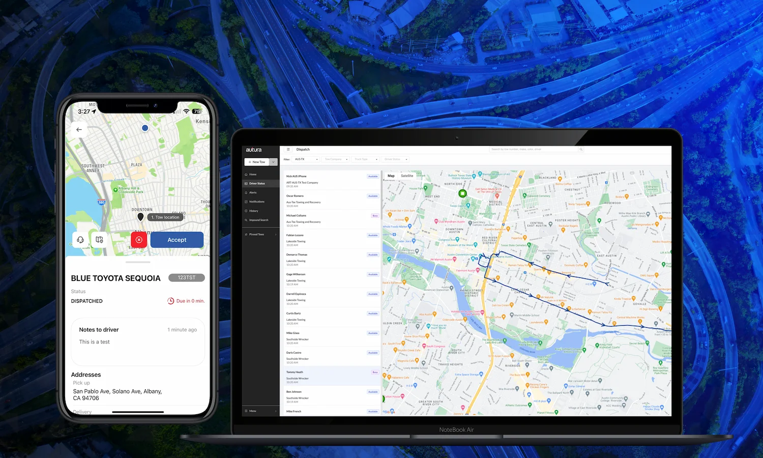 Phone and laptop screens showing towing dispatch app with maps and driver status lists.