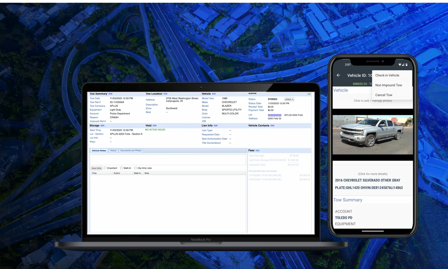 Laptop and smartphone screens display vehicle impound management details and options.
