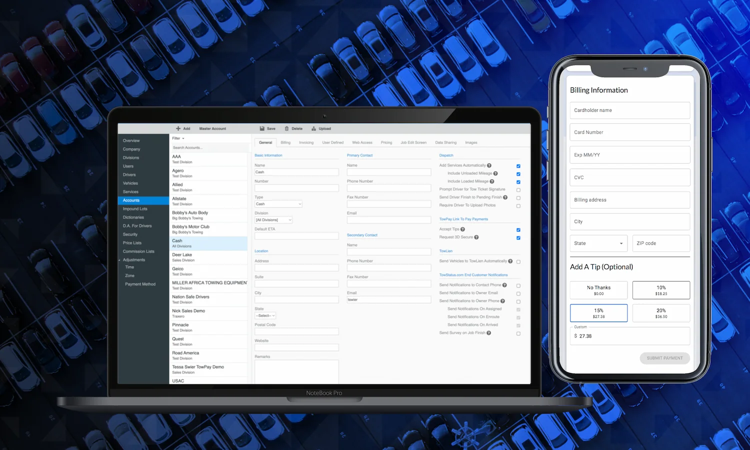 Laptop and smartphone showing a payment processing dashboard and credit card billing form with tip options.