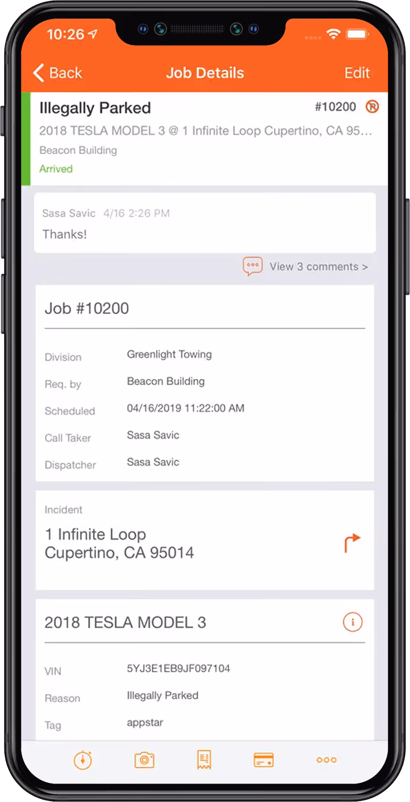 Phone screen showing job details for illegally parked 2018 Tesla Model 3 at 1 Infinite Loop Cupertino.